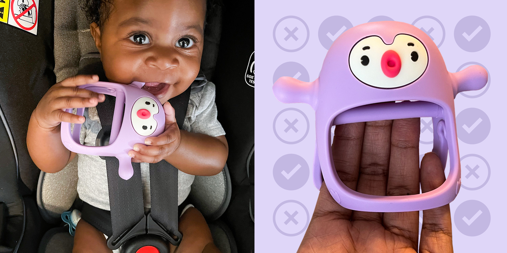 A photo collage of two photos (left to right): a baby teething on a purple Smily Mia Penguin Buddy Teether Toy, and a adult person's hand holding the same toy.