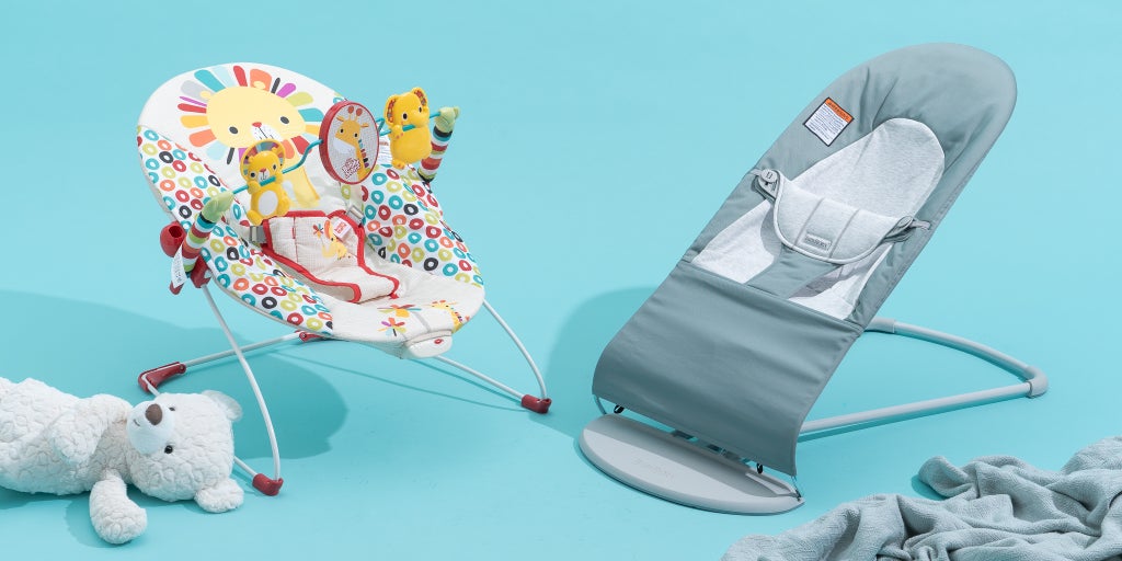 Both of our picks for best baby bouncer and rocker on a blue background.